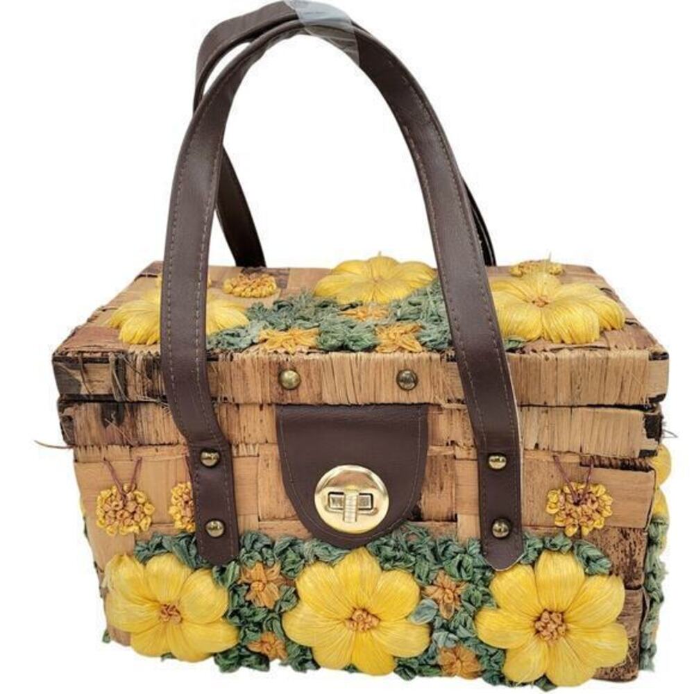 HP Vintage by Patricia Yellow Flower Rafia Cottagecore Basket Box Bag Handbag‎